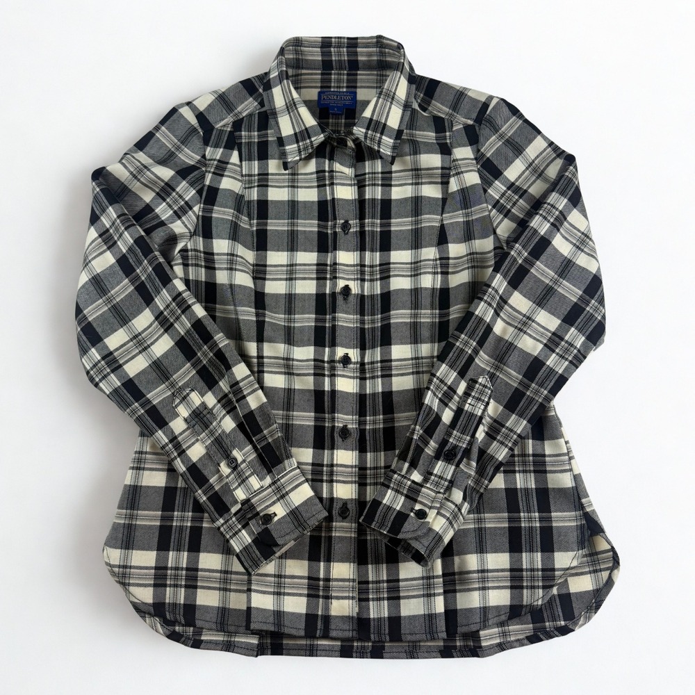 Pendleton Wool Button Down Shirt Womens S Black White Plaid Flannel Made in USA